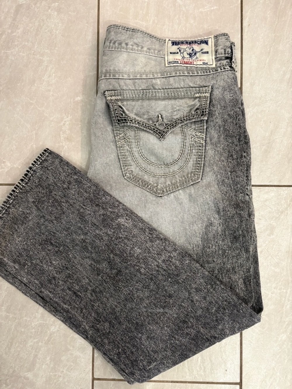 True Religion Men's Acid Wash Grey Straight Jeans